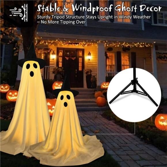 Halloween Decorations Outdoor Indoor, 2 Pack Spooky Ghost with Witch Hat, Scary - Picture 3 of 8